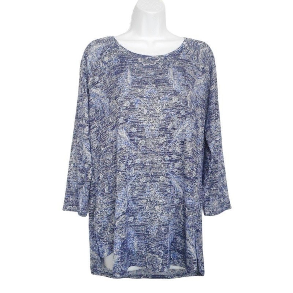 Sonoma Top Medium Blue Multi Floral Tunic Round Neck 3/4 Sleeve Knit Casual